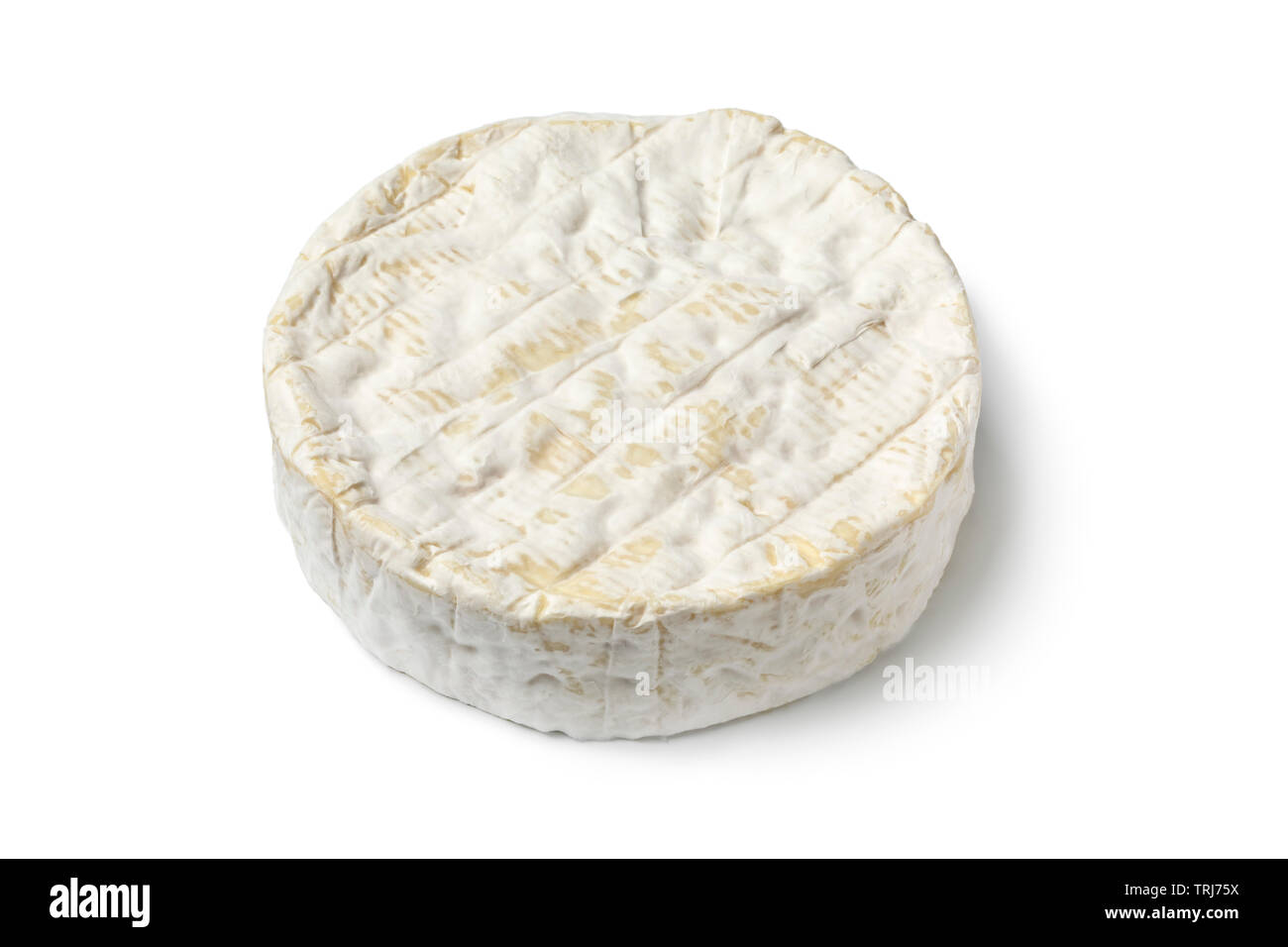 Single whole round french Brie cheese isolated on white background Stock Photo