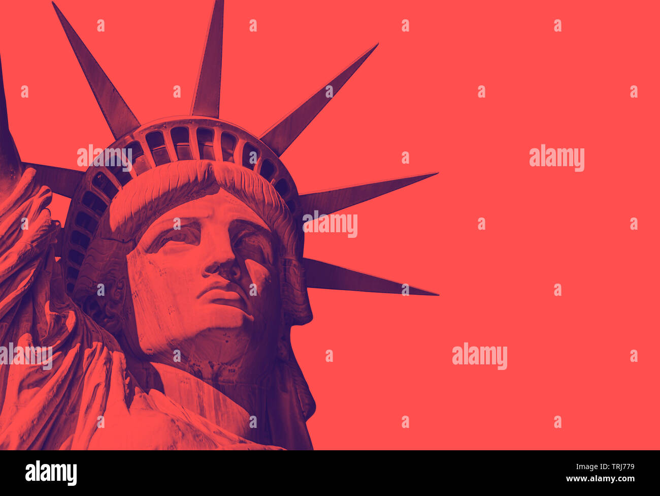 detail of the face of the statue of liberty with a red duo tone effect. Red Background Stock Photo