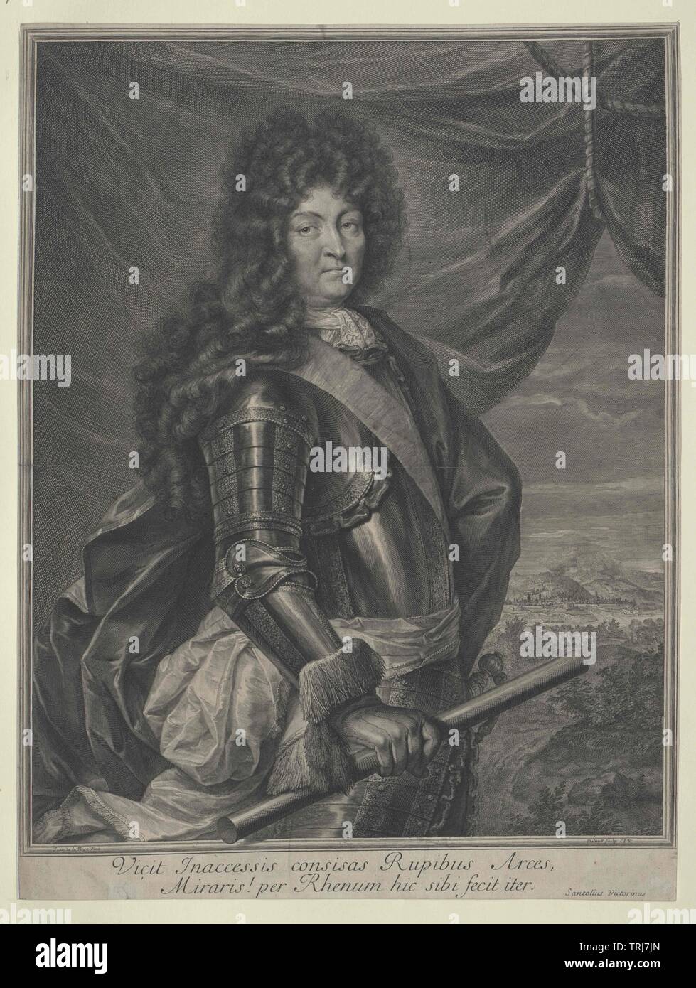 Louis XIV, King of France, painting by Karl de La Haye, portrayed in a engraving by Gerard Edelinck, Additional-Rights-Clearance-Info-Not-Available Stock Photo