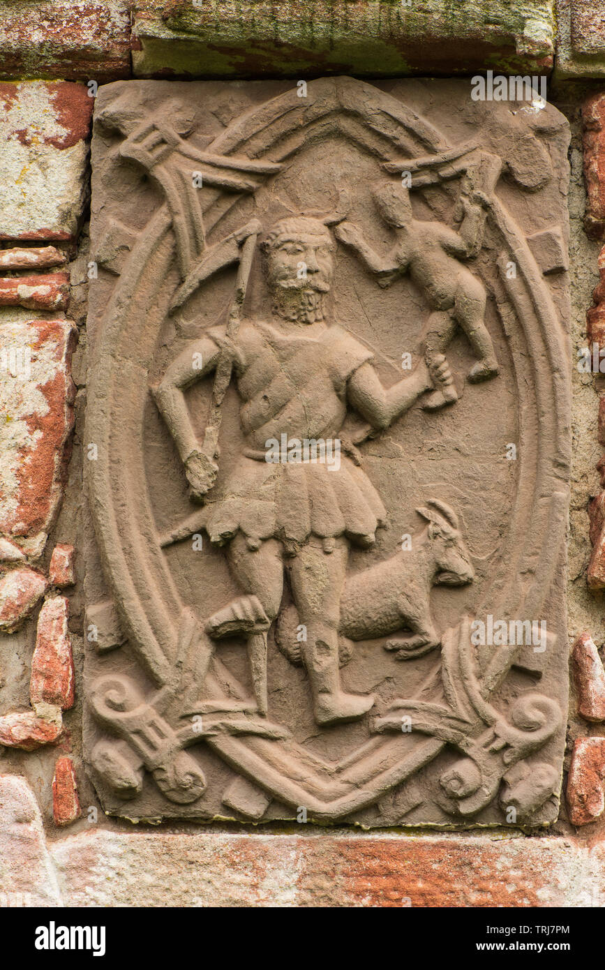 Edzell Castle, Angus, Scotland. The elaborate walled garden was created in 1604. This wall plaque represents one of the Planetary Deities. Stock Photo