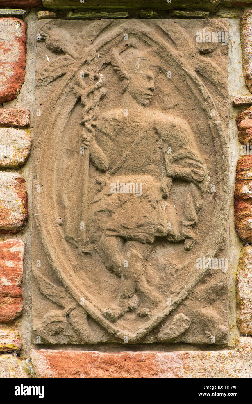 Edzell Castle, Angus, Scotland. The elaborate walled garden was created in 1604. This wall plaque represents one of the Planetary Deities. Stock Photo