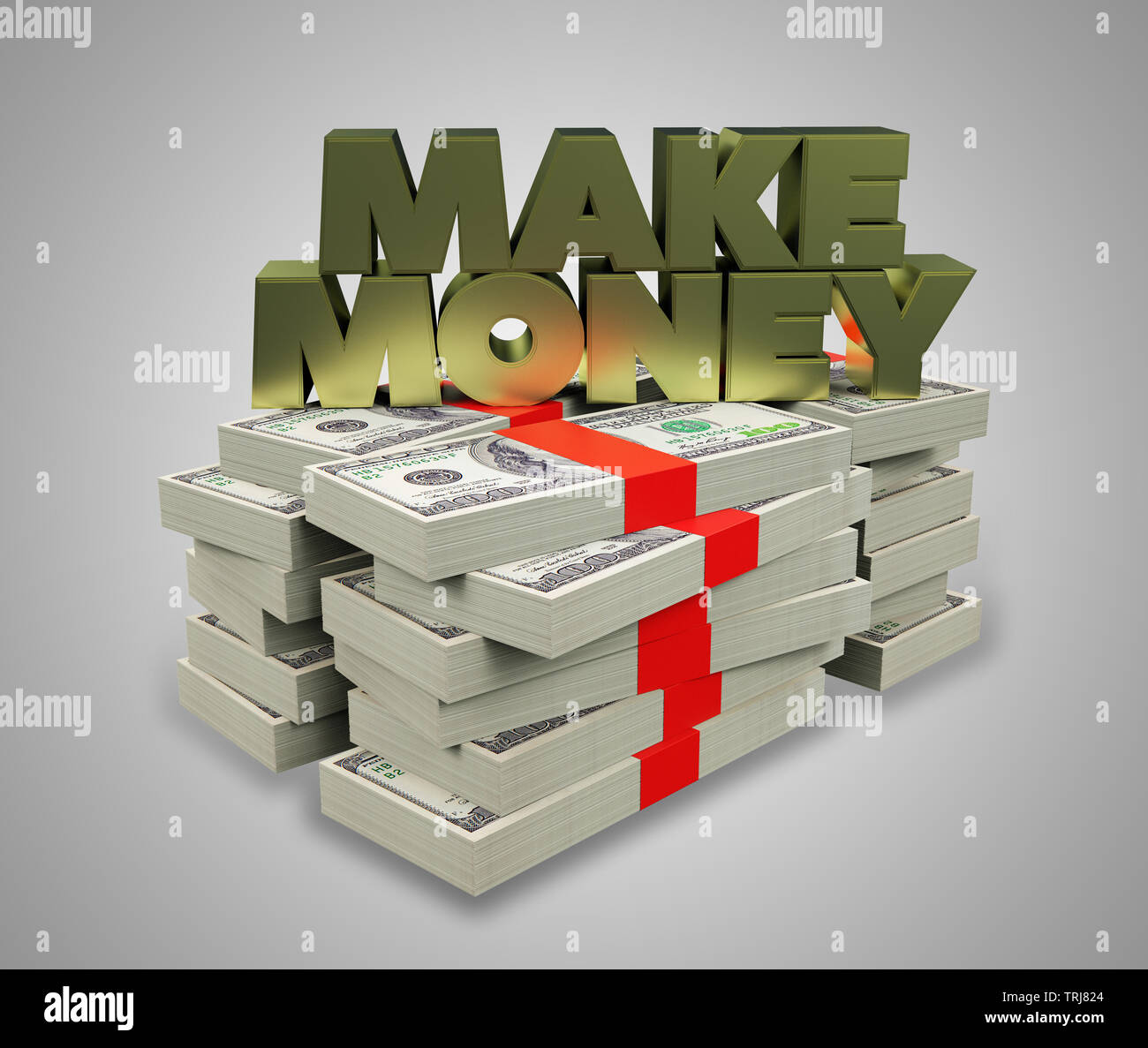 Make money golden text on pile of money Stock Photo