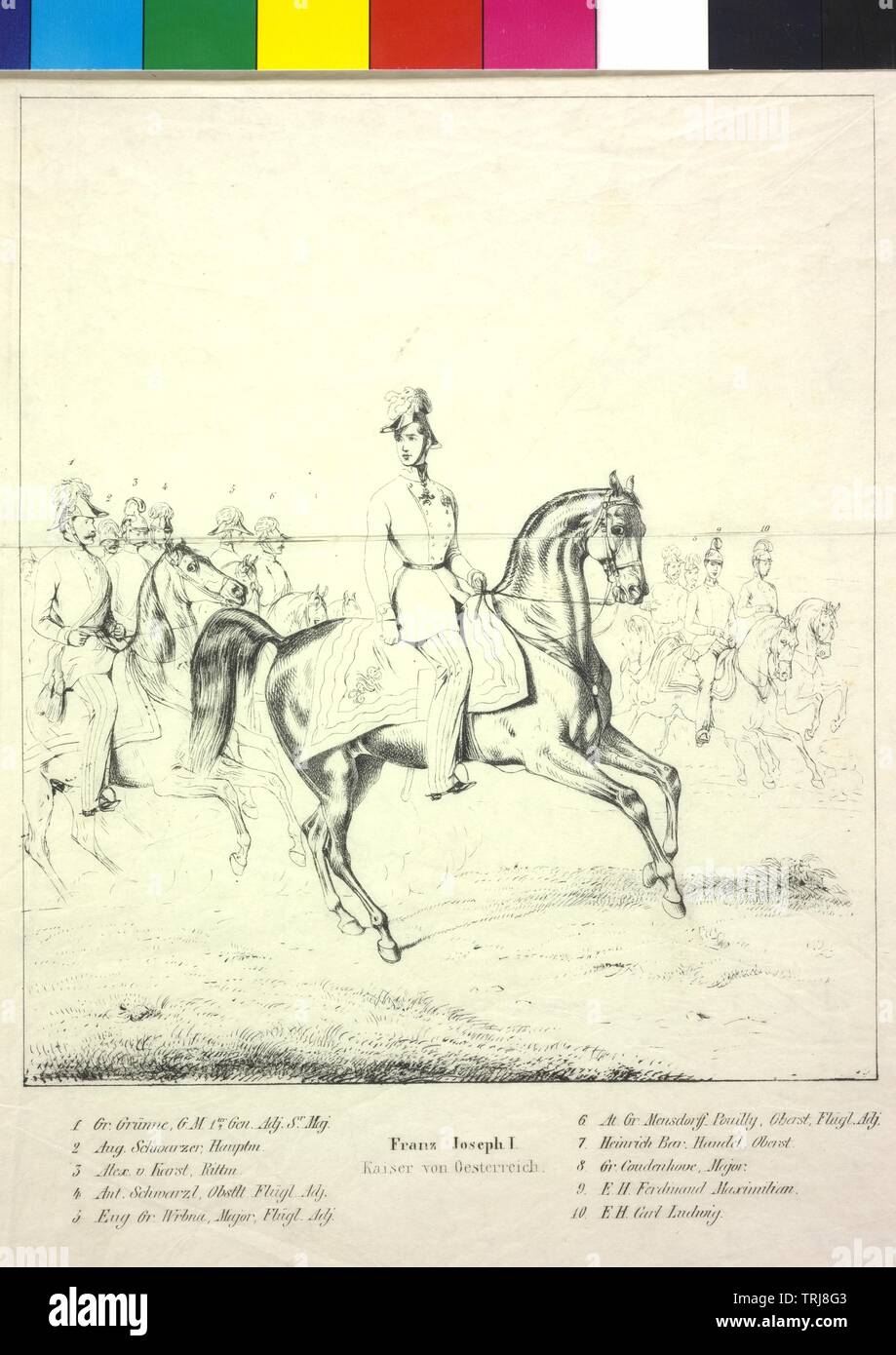 Franz Joseph I, Emperor of Austria, equestrian image uniformed, surround by officers on horse. Ink wash electroplating based on painting by Albrecht Adam, between person key, Artist's Copyright has not to be cleared Stock Photo