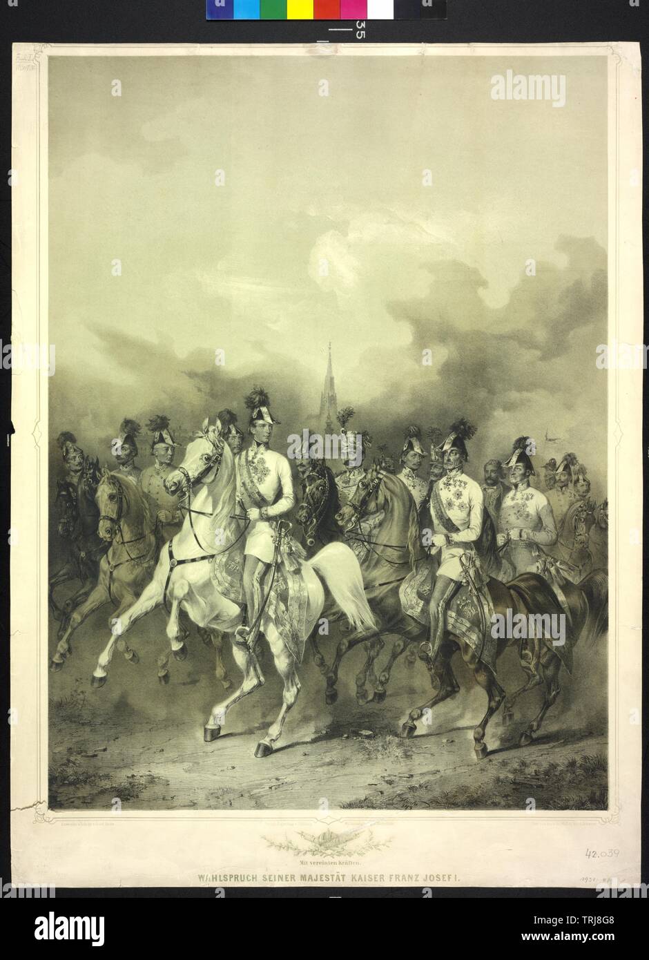 Franz Joseph I, Emperor of Austria, equestrian image uniformed, surround by officers on horse, lithograph by Joseph Heicke, Additional-Rights-Clearance-Info-Not-Available Stock Photo