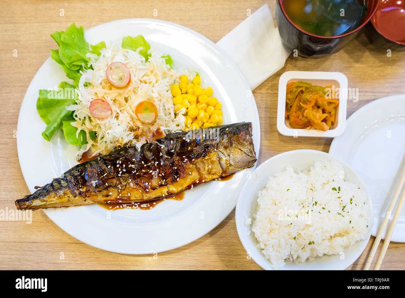 Grilled Saba fish sauce soy with vegetable for healthy Stock Photo Alamy