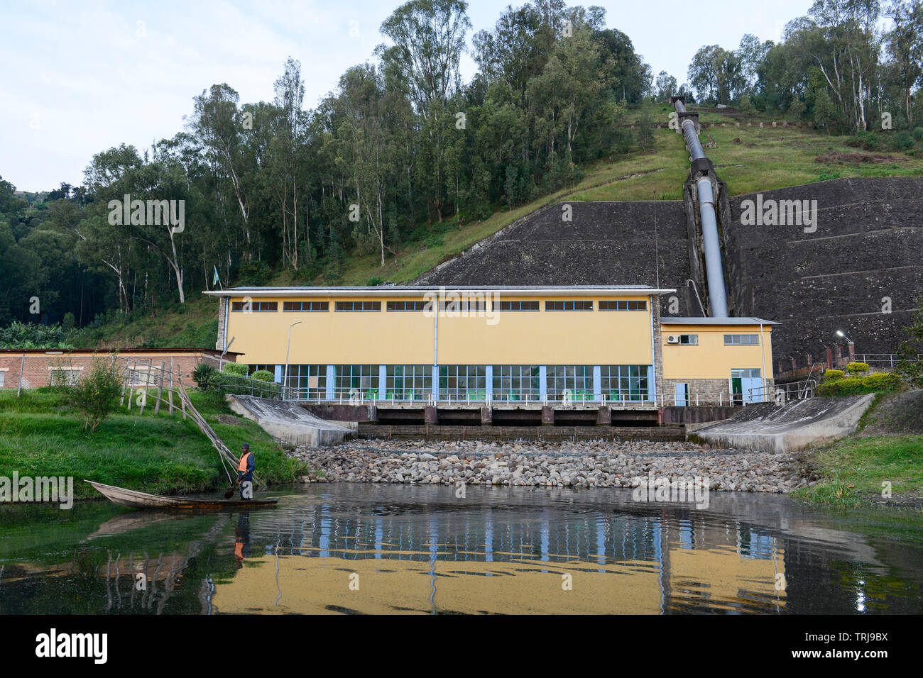 RWANDA, Musanze, Ruhengeri, lake Ruhondo, Ntaruka Electrical Station, hydro-power station, the water is running down from the upper lake Burera  through a tube to the turbine in the power house Stock Photo