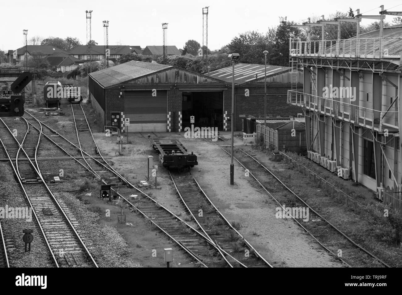 Monochrome railway yard taken in knottingley west yorkshire Stock Photo