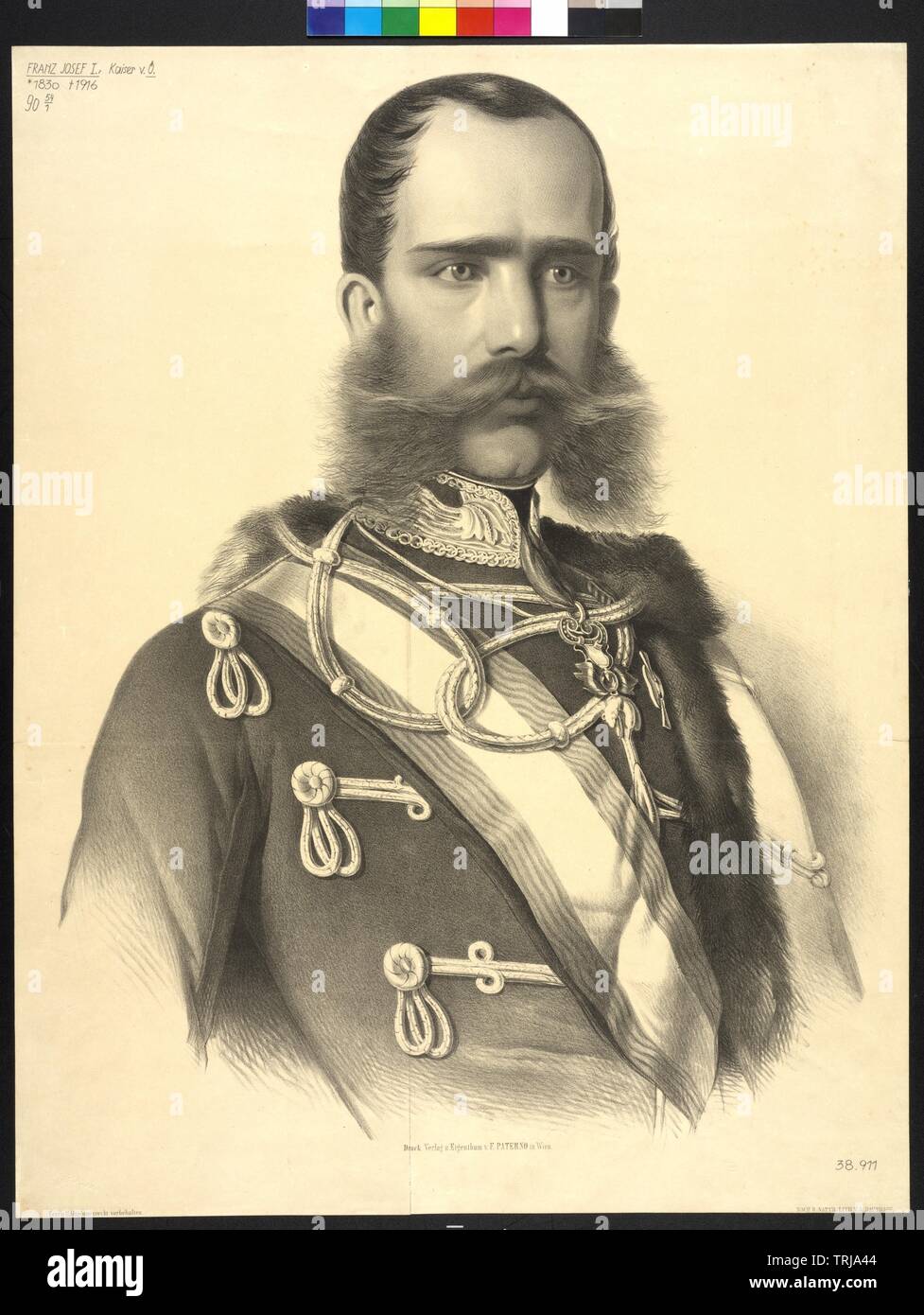 Franz Joseph I, Emperor of Austria, picture in Hungarian uniform. anonymous lithograph, Additional-Rights-Clearance-Info-Not-Available Stock Photo