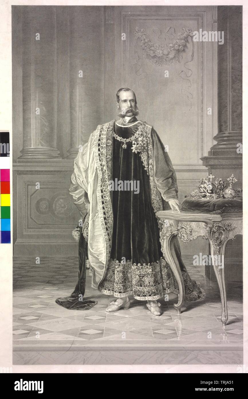Franz Joseph I, Emperor of Austria, picture in the vestment of the Order of golden  fleece, aside the Crown of Saint Wenceslas, steel engraving by Leopold  Schmidt, Artist's Copyright has not to