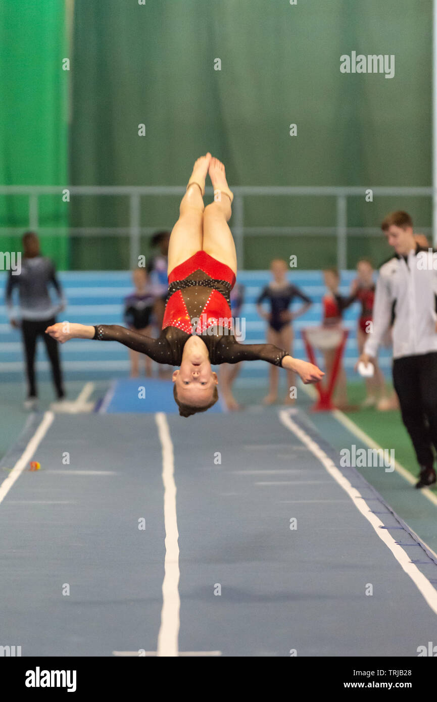Sheffield, England, UK. 1 June 2019. Emily Brown of Dynamite Gymnastics