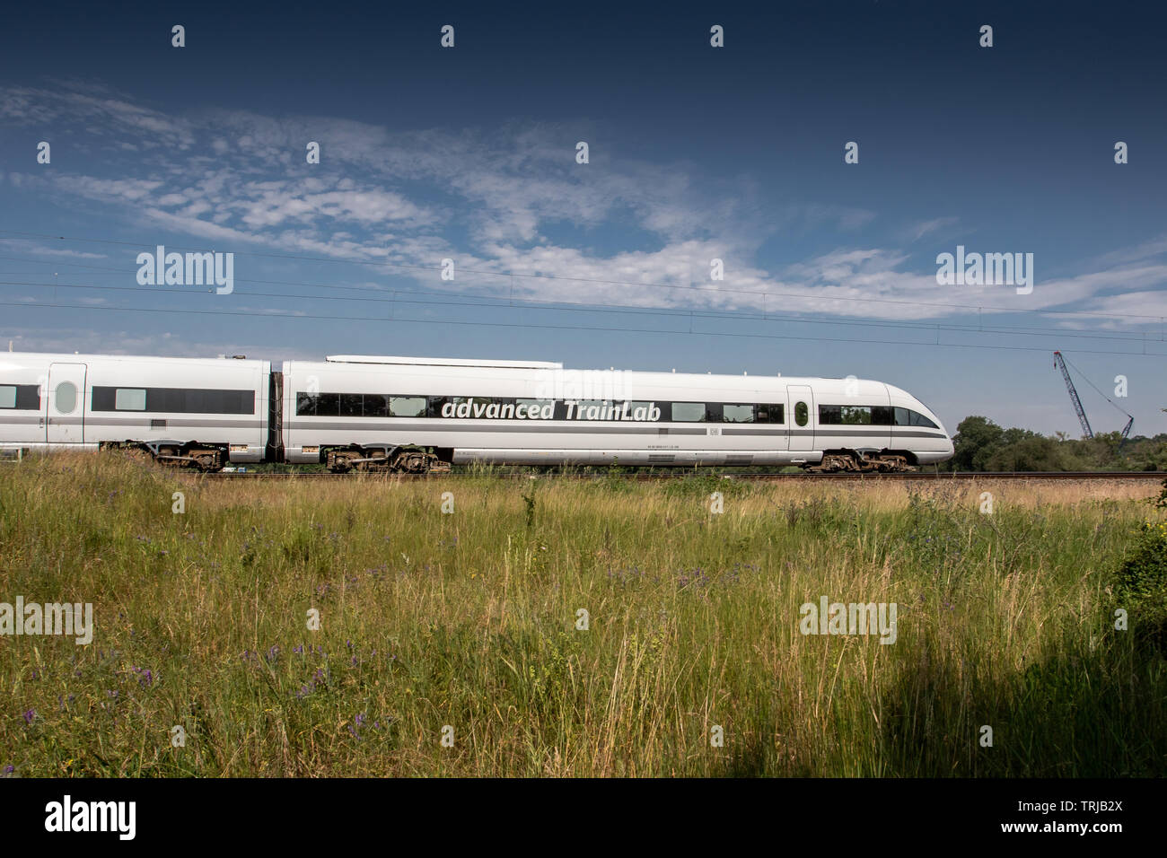 Dessau-Roßlau, Germany, June 5, 2019 - In June 2019, the Advanced TrainLab, a special test train based on a diesel-powered ICE train operated by Deutsche Bahn, is on its way to Berlin. There, the vehicle will do some test drives in driverless operation. This train can be used for a wide variety of experiments, including in the area of the 5G radio network. Stock Photo