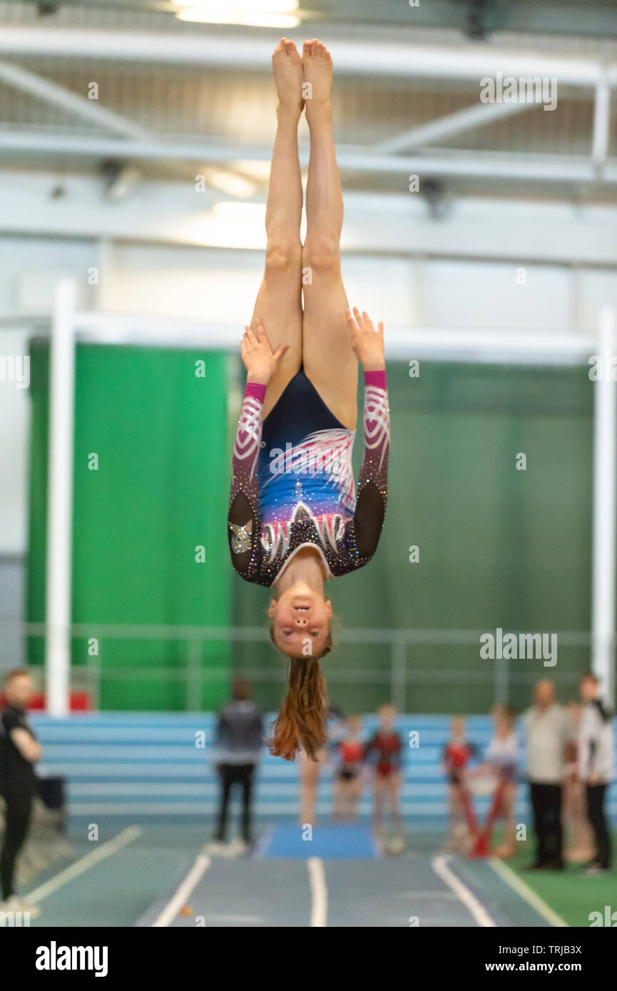 Sheffield, England, UK. 1 June 2019. Ruby Reid of Revolution Gymnastics Club in action during