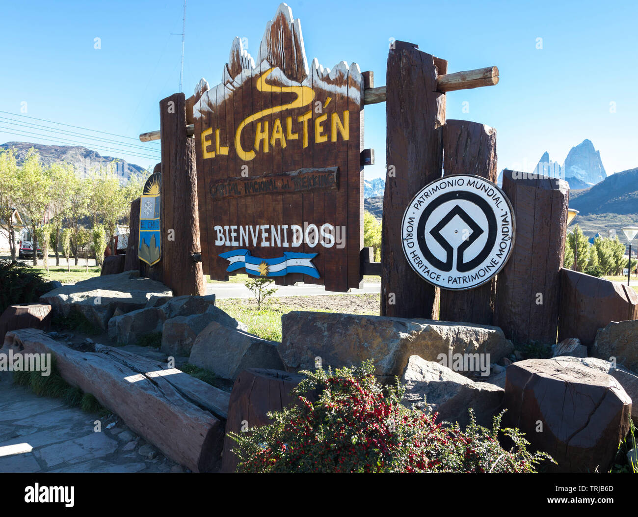 Main El Chalten signs at El Chalten ,Los Glaciares National Park, Patagonia, Argentina. Stock Photo