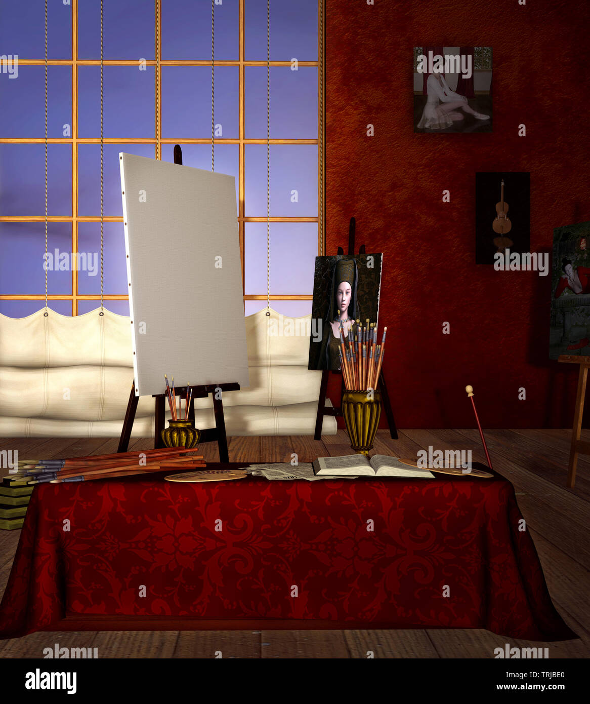 Painter study with a white canvas Stock Photo