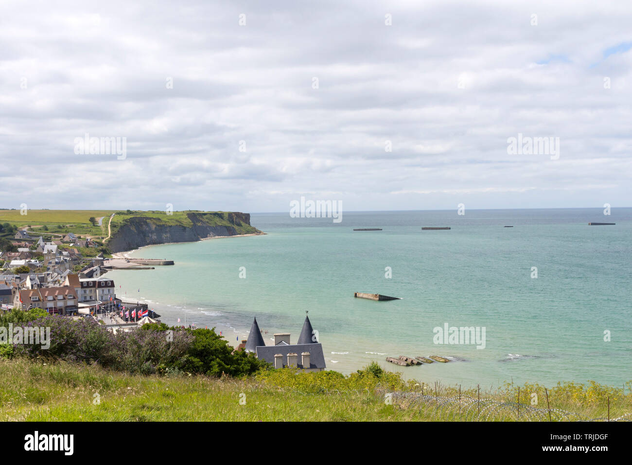 The View From the Cliffs Above Arromanches-les-Bains over Gold Beach and the Remains of the Mulberry Harbour, Normandy, France, Europe Stock Photo