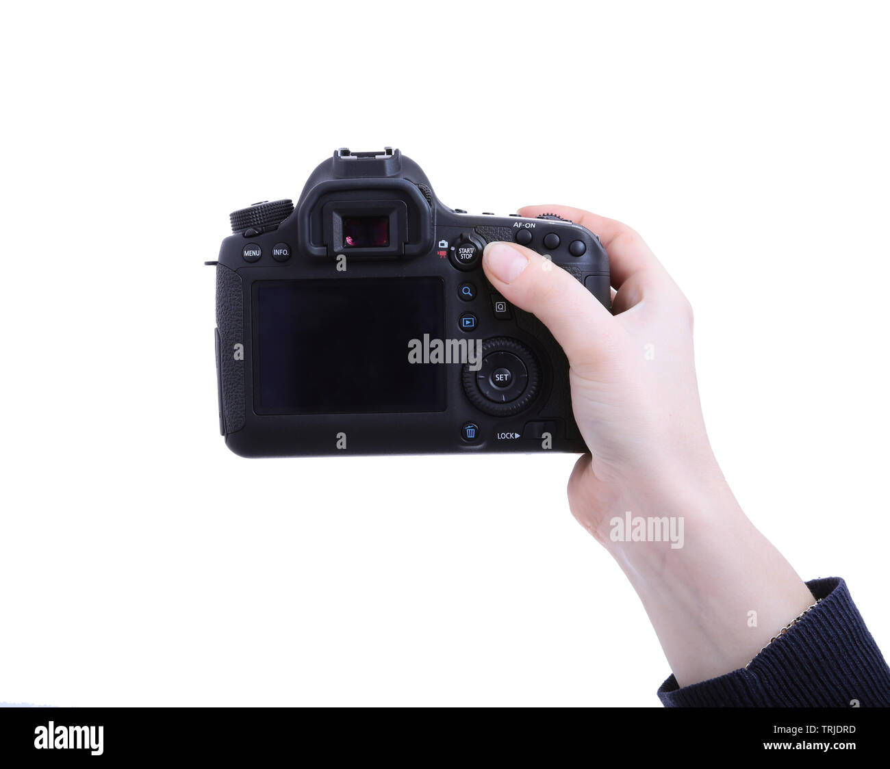 Female hand holding DSLR camera isolated on white Stock Photo - Alamy