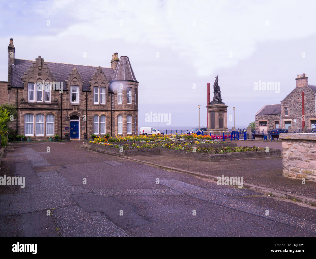 War Memorial in Cluny Square Buckie town centre lookibng towards Moray Firth Moray Speyside Northern Scottish Highlands on Moray Coast Trail Stock Photo