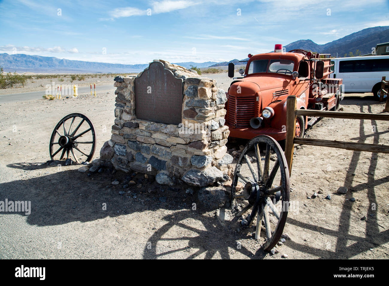 Burned Wagon Point, Historical Marker, Stovepipe Wells, Death Valley, California Stock Photo