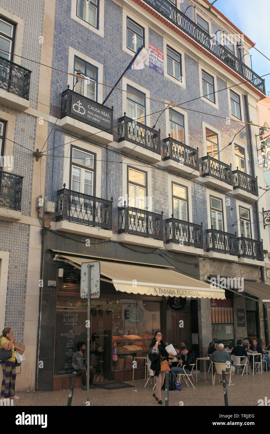 Portugal, Lisbon, Bairro Alto, street scene, cafe, ceramic tile decoration, Stock Photo