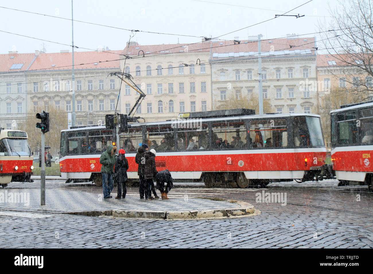 Tramway sous la neige. Prague. Czech Republic. Stock Photo
