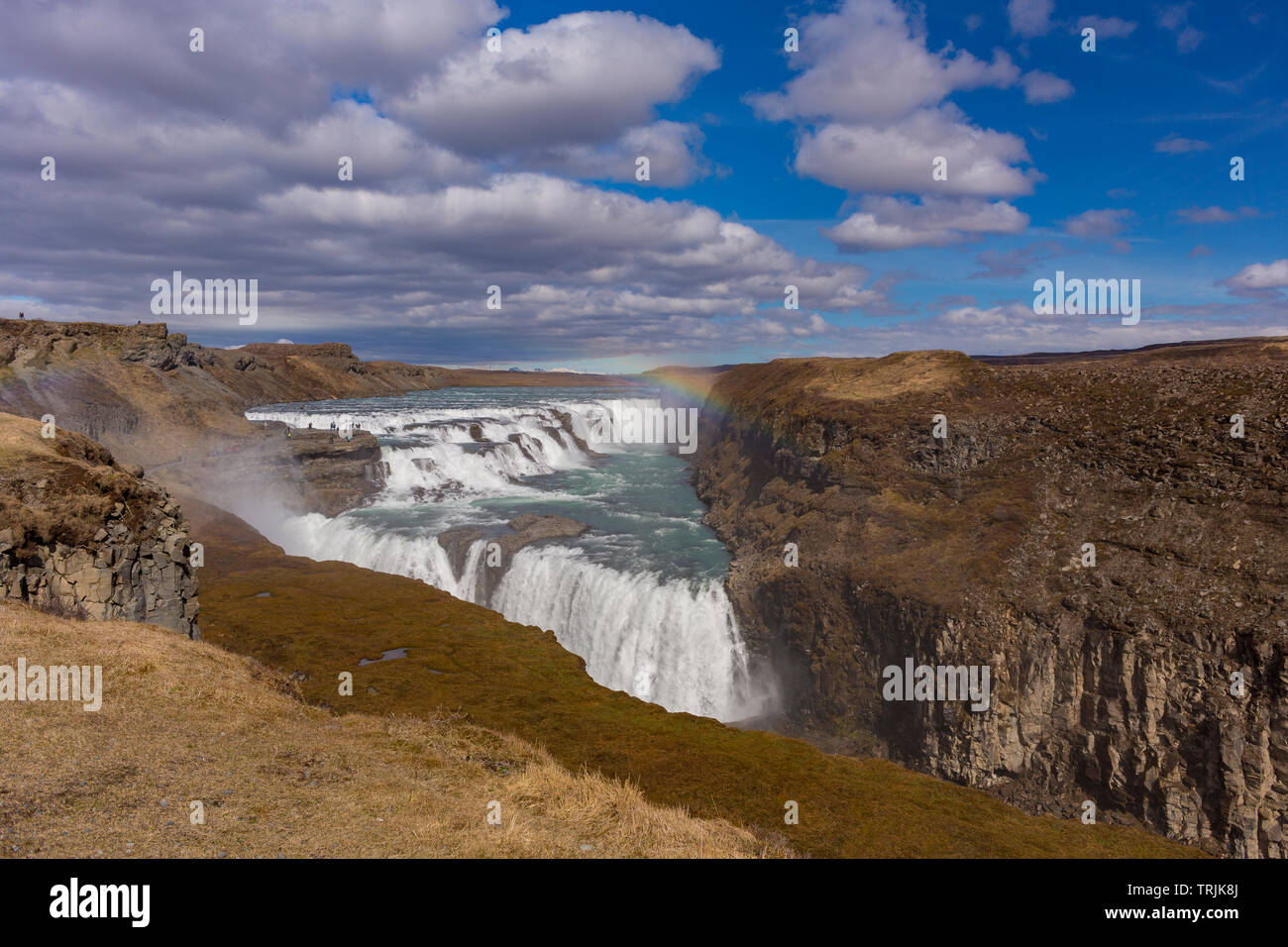 GULLFOSS, ICELAND - Double cascade waterfall on Hvita RIver. Stock Photo