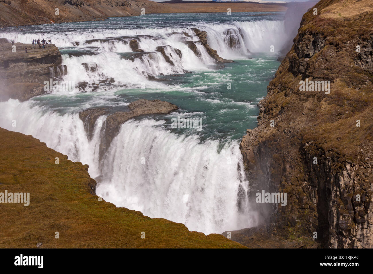 GULLFOSS, ICELAND - Double cascade waterfall on Hvita RIver. Stock Photo