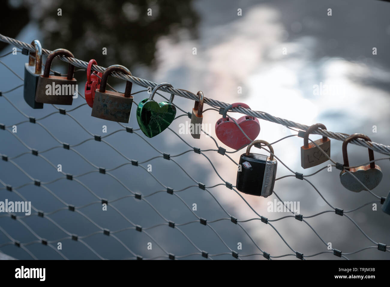 Love padlocks on railing of bridge with water in background in Holland Stock Photo