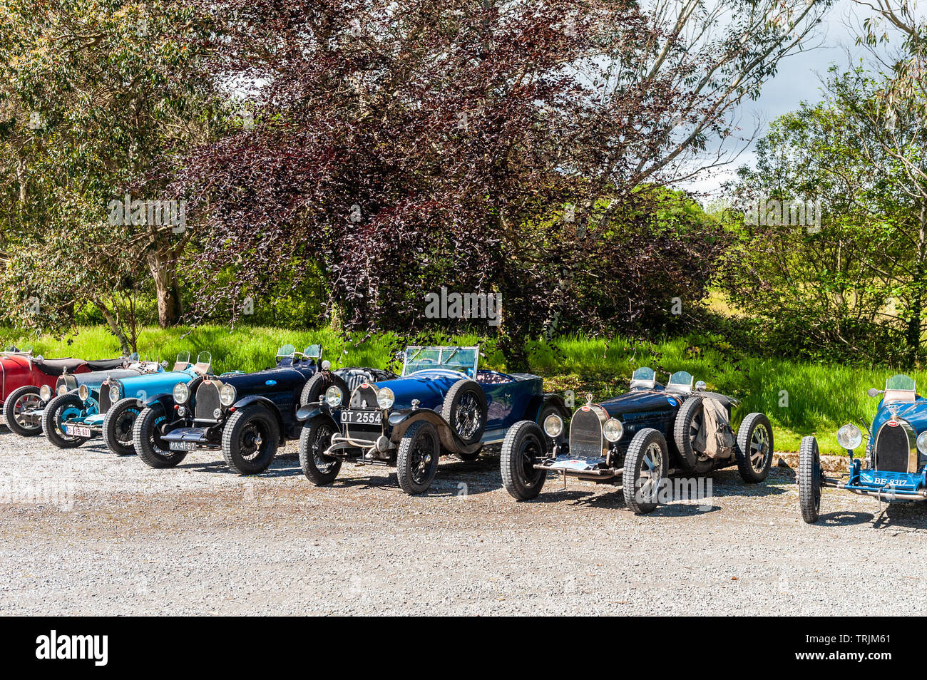 Bantry, West Cork, Ireland. 6th Juine, 2019. The Bugatti Owners Club is in Ireland this week for its annual international rally, featuring 100 vintage Bugatti's. After lunch in the West Lodge Hotel, the cars headed for the Mizen Head. Bugattis were lined up at Bantry House & Gardens. Credit: Andy Gibson/Alamy Live News.. Stock Photo