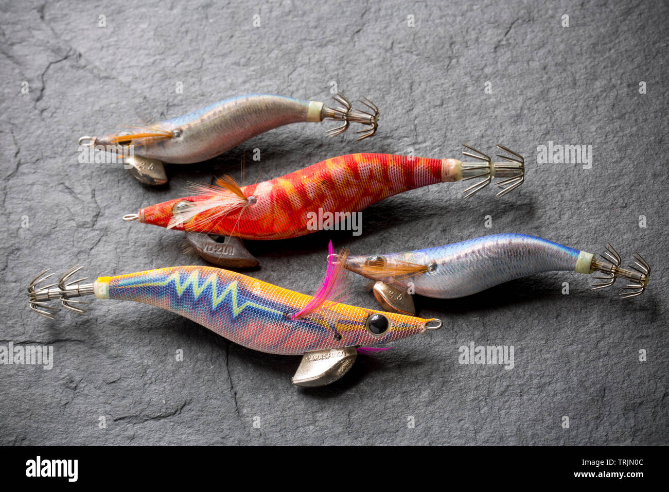 A selection of squid jigs, or lures. Squid fishing has become popular in  the UK both for commercial fishermen as well as recreational anglers. The  lur Stock Photo - Alamy