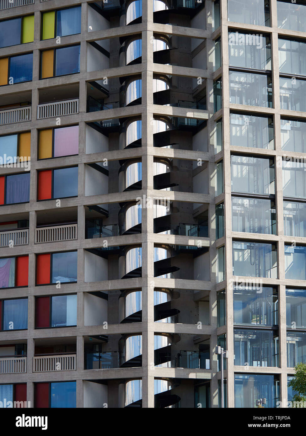 Park Hill Apartments, renovated 1950s Brutalist residential building - main stairway from tramway - Sheffield, UK Stock Photo