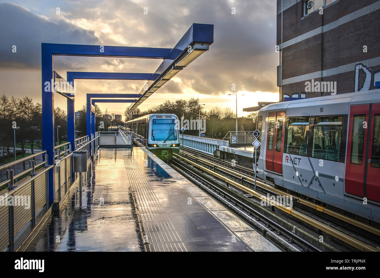 Rotterdam, The Netherlands, December 11, 2018: one metro train at the ...