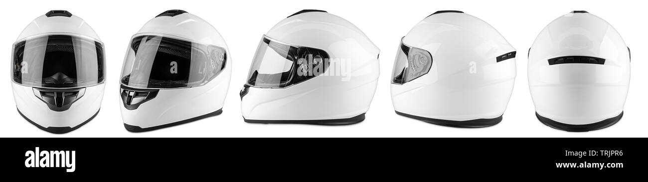 Set collection of white motorcycle carbon integral crash helmet isolated on white background. motorsport car kart racing transportation safety concept Stock Photo