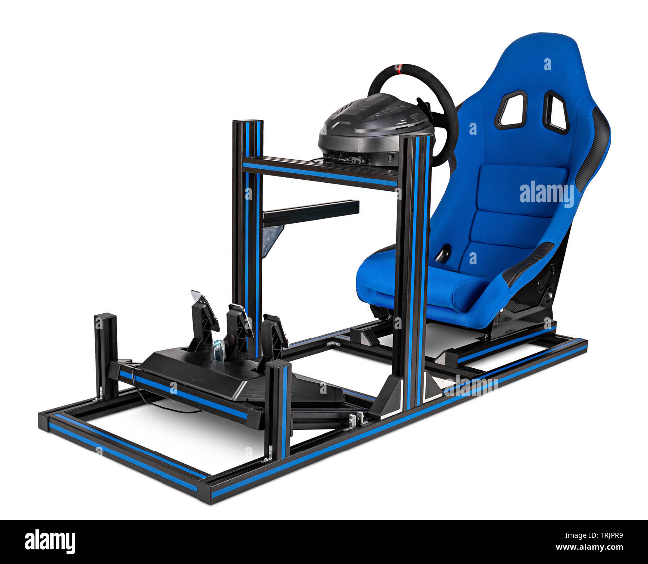 DIY simracing aluminum race simulator rig for video game racing. Blue motorsport car bucket play seat steering wheel pedals isolated on white backgrou Stock Photo