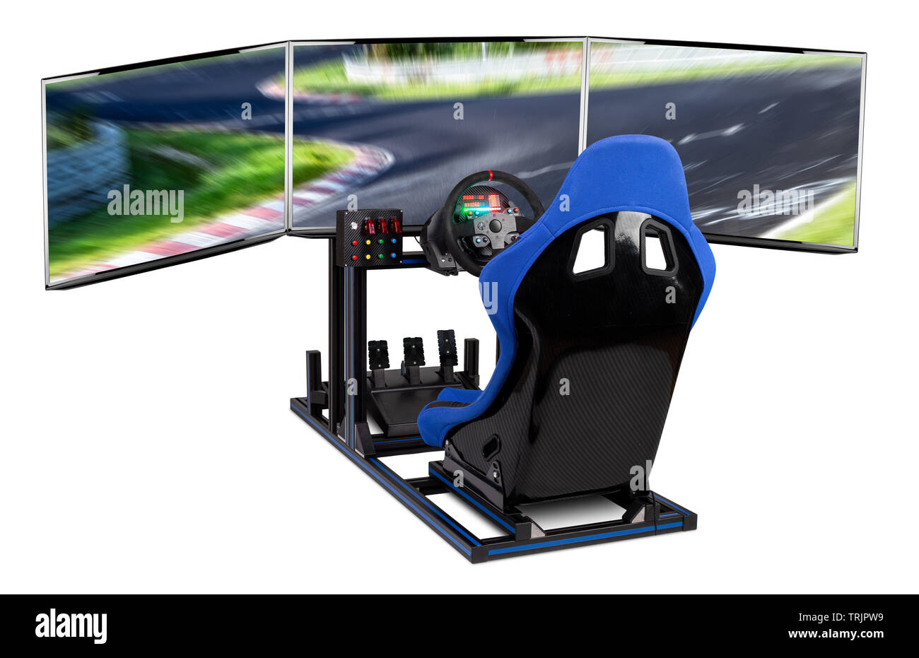 DIY simracing aluminum simulator rig for video game racing. Blue motorsport car bucket seat steering wheel pedals and tripe screen monitor setup isola Stock Photo
