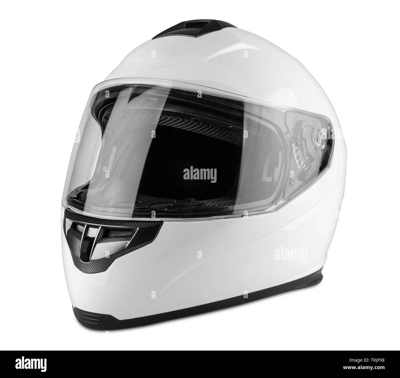 White motorcycle carbon integral crash helmet isolated on white background. motorsport car kart racing transportation safety concept Stock Photo