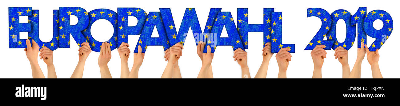 people arms hands holding up wooden letter lettering forming german words Europawahl 2019 (english translation: european elections 2019) euro union na Stock Photo