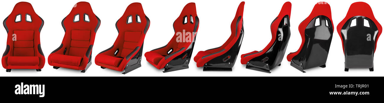 set collection of red black carbon fiber motorsport race car tuning  sim racing bucket seat isolated on white background Stock Photo