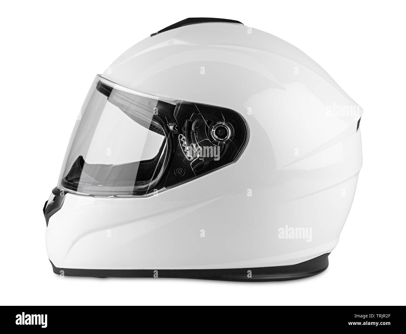 White motorcycle carbon integral crash helmet isolated on white background. motorsport car kart racing transportation safety concept Stock Photo