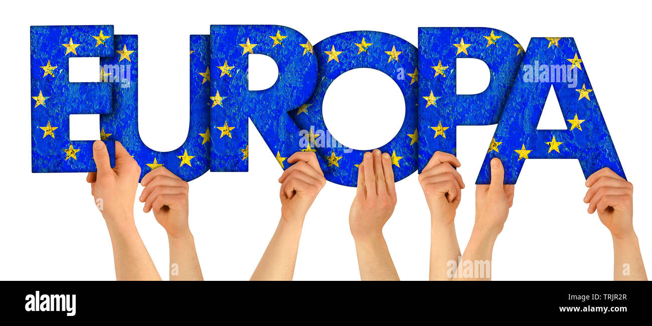 people arms hands holding up wooden letter lettering forming german word Europa(english translation: Europe) in european union national flag colors to Stock Photo