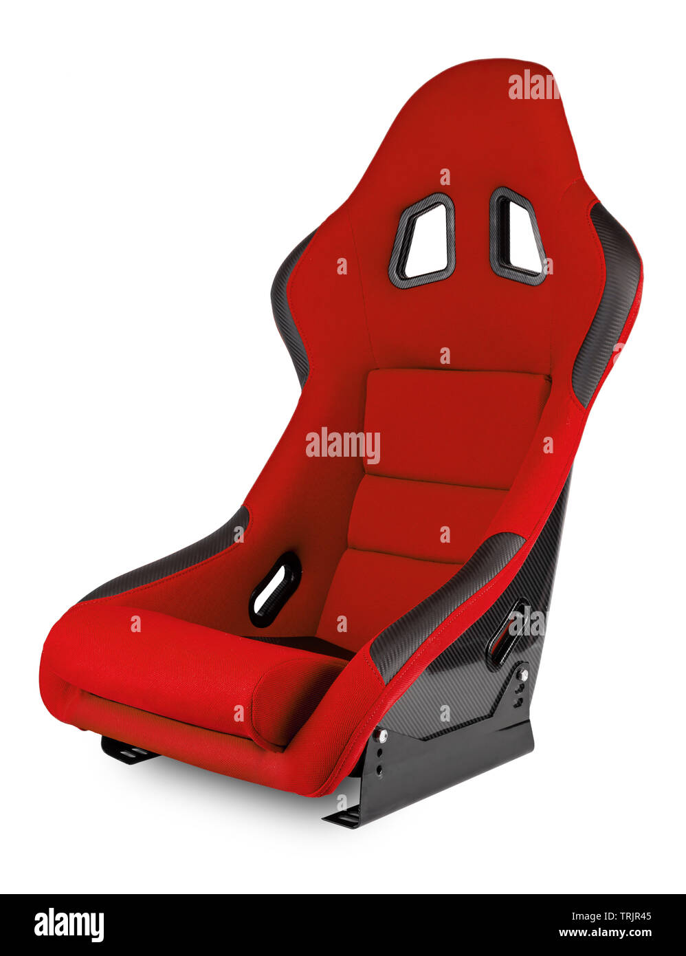 Red black carbon fiber  race car bucket seat isolated on white background. Motorsport, Sim racing, and tuning concept. Stock Photo
