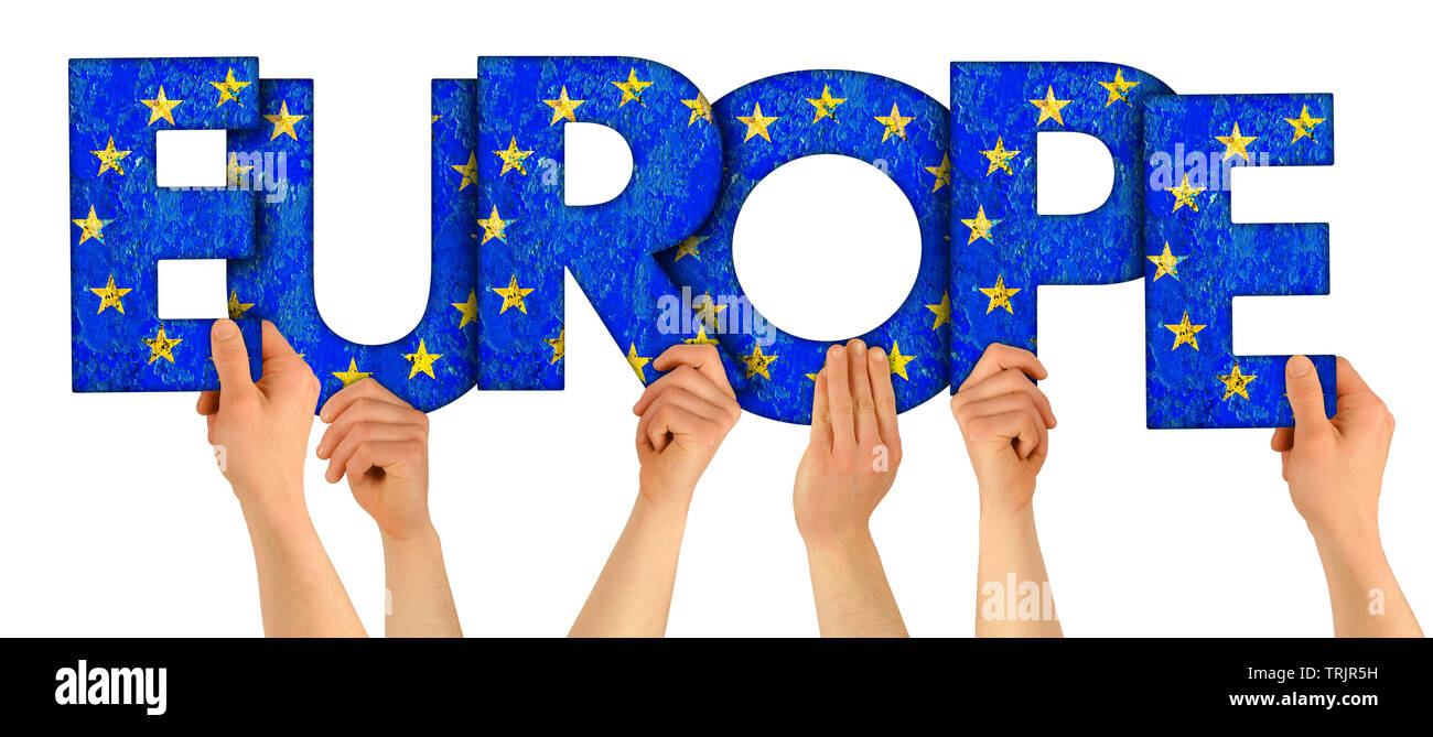 people arms hands holding up wooden letter lettering forming word Europe in european union national flag colors tourism travel elections concept isola Stock Photo