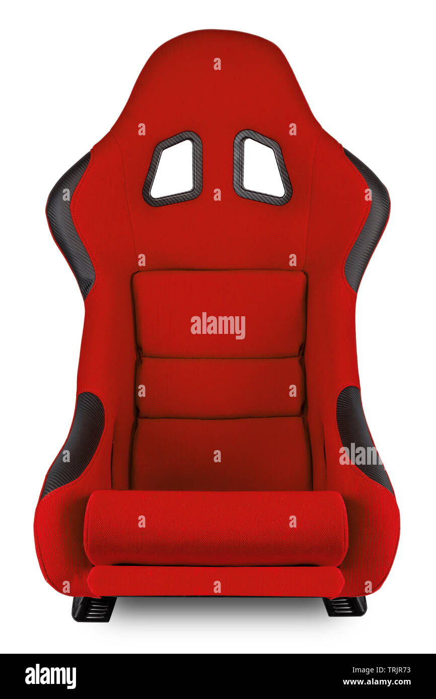 Red black carbon fiber race car bucket seat isolated on white background. Motorsport, Sim racing, and tuning concept. Stock Photo