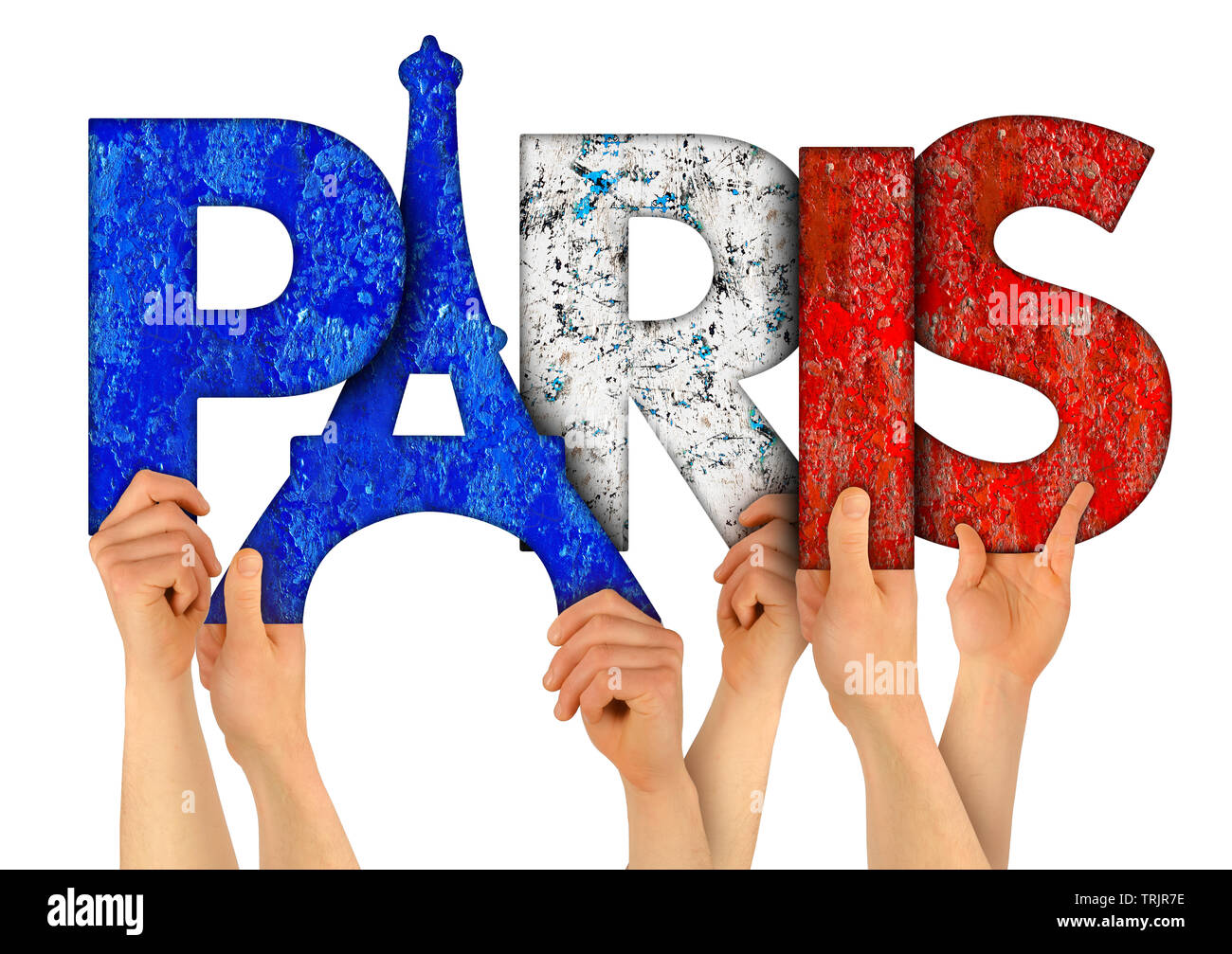 people arms hands holding up wooden letter lettering forming word Paris capital city of france in french national flag colors tourism travel nation co Stock Photo