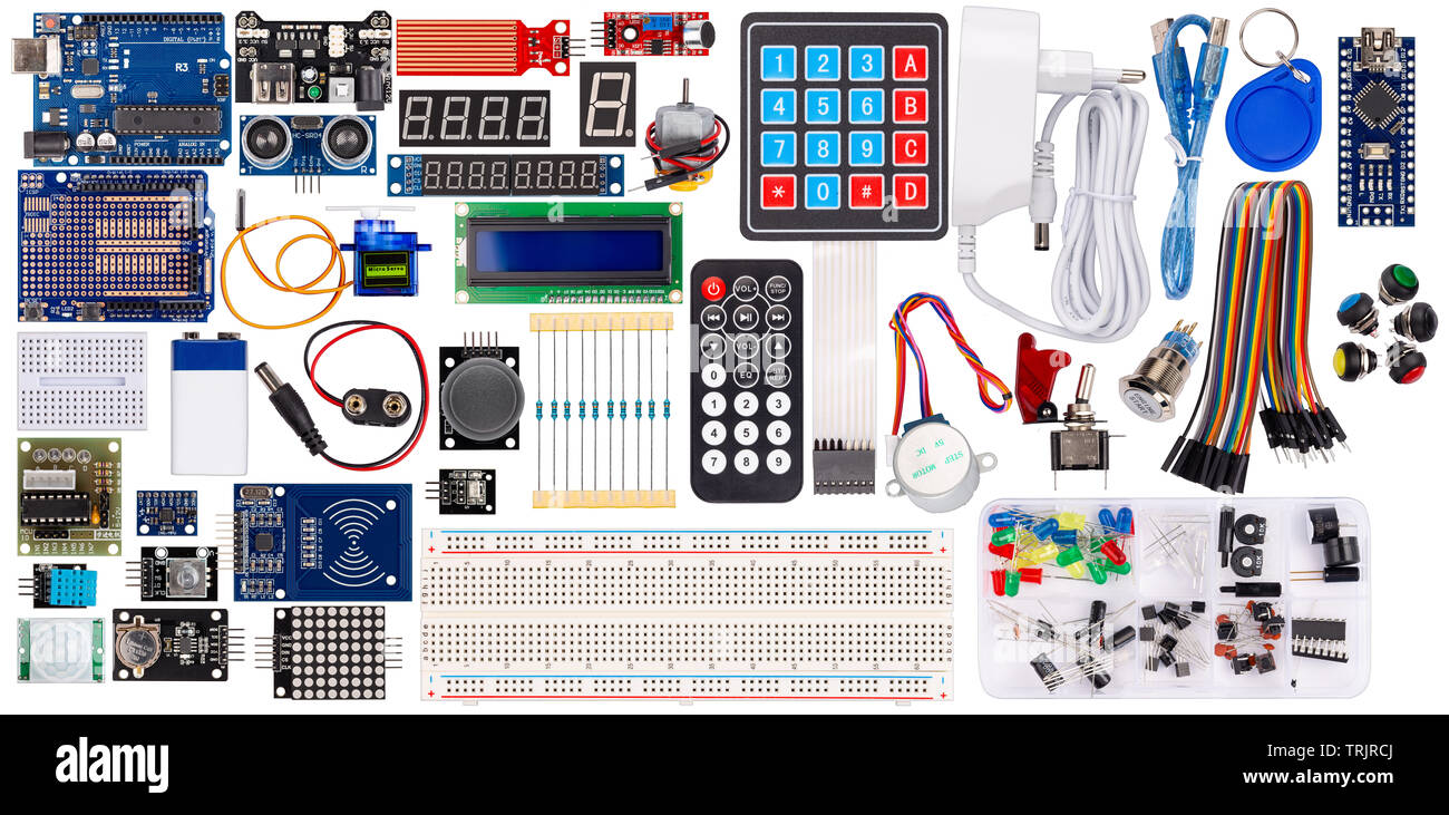 set collection microcontroller parts board display sensor button switches rfid module lcd cable wire accessories and equipment isolated on white elect Stock Photo