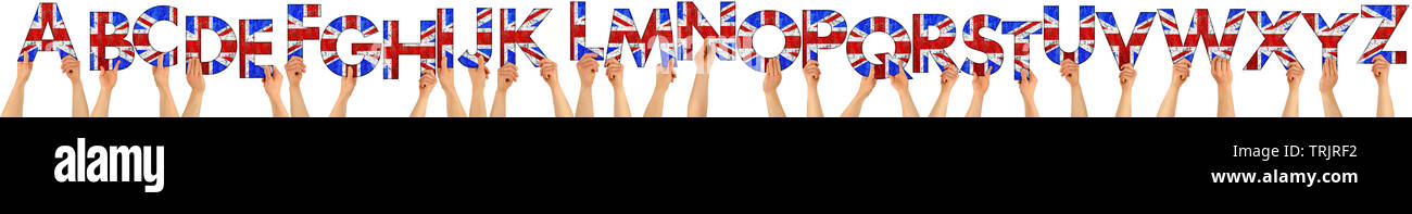 alphabet abc set collection of people holding up wooden letters with great britain united kingdom union jack uk flag colors isolated on white backgrou Stock Photo