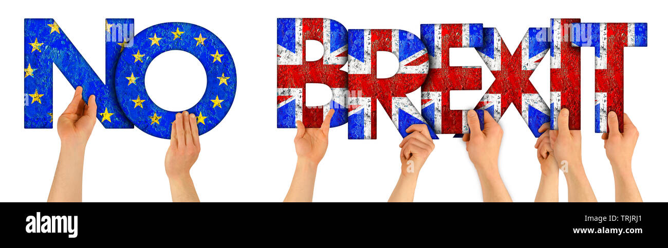 people arms hands holding up wooden letter lettering forming words no brexit in union jack uk national and european flag colors tourism travel politic Stock Photo