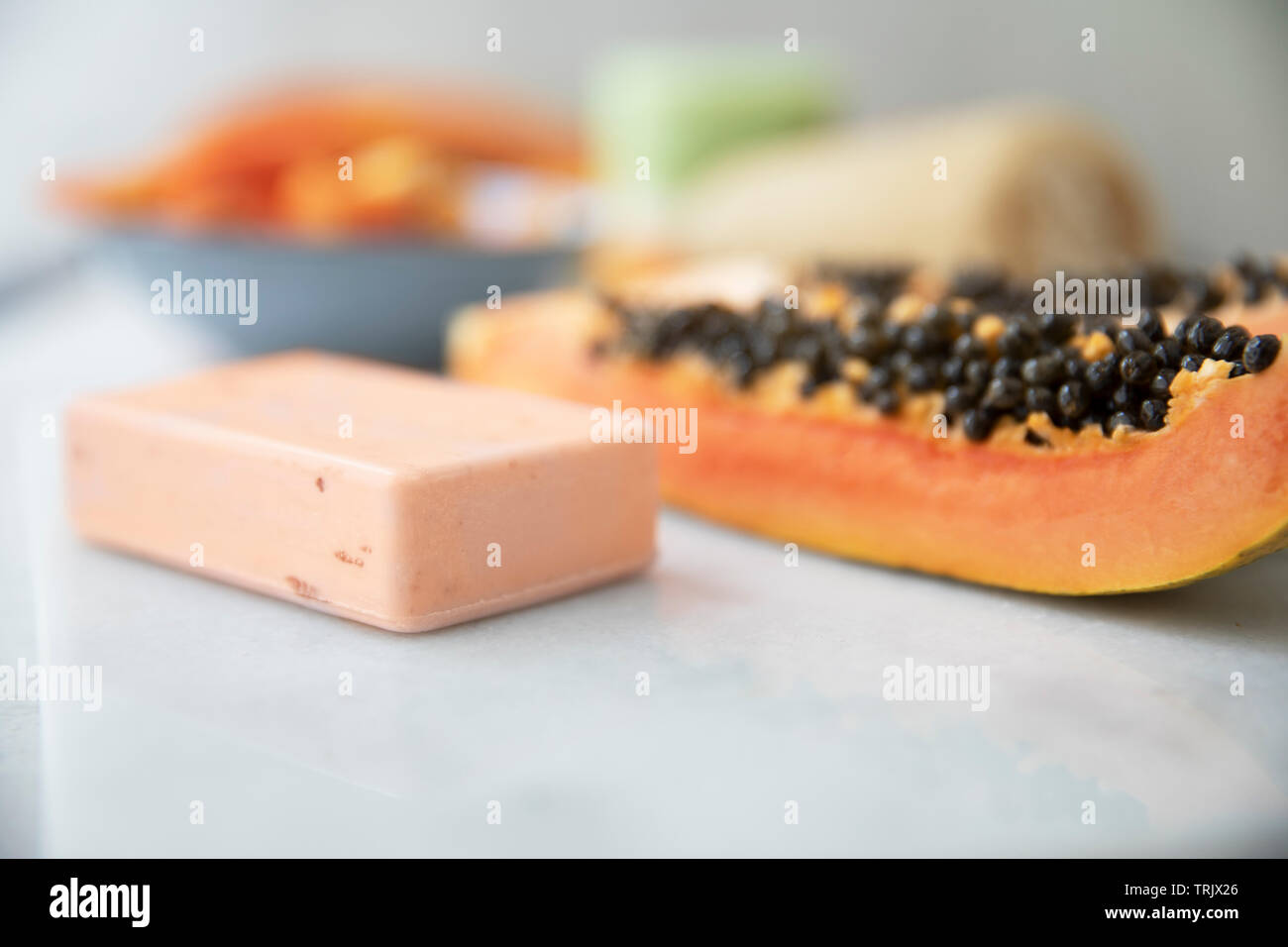 Bar of papaya extract soap with papaya fruit Stock Photo Alamy