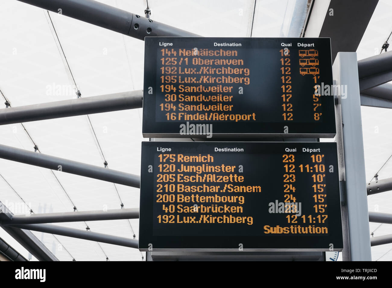 Luxembourg City, Luxembourg - May 18, 2019: Close up of bus departure board at a station in Luxembourg City. The city has a network of 31 bus routes, Stock Photo