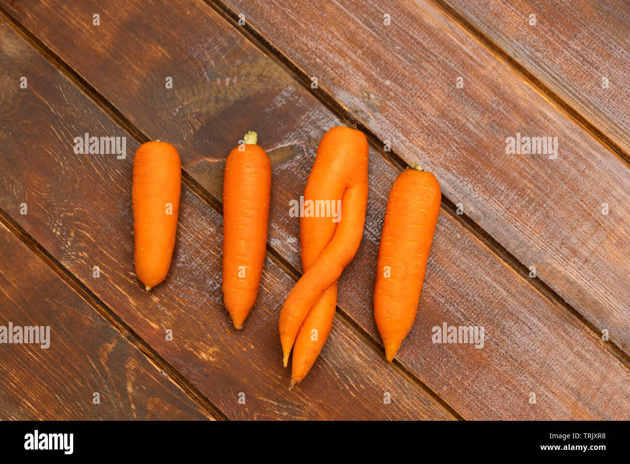 One ugly organic carrot among other normal carrots on wooden background. Zero waste concept. Stock Photo