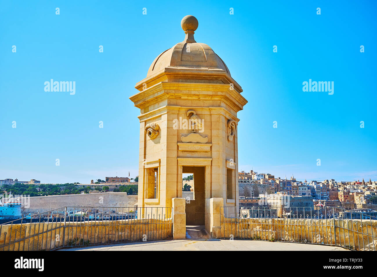 The medieval Gardjola (Guard Tower) of Senglea fortress is decorated with carved sculptures, Malta. Stock Photo